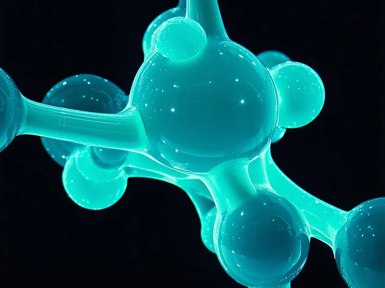 Abstract 3D quantum orbital electron density isosurface — luminous teal-cyan lobes on deep-space navy background