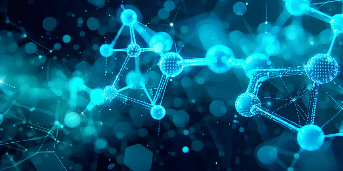 Abstract quantum chemistry platform architecture — layered data pipeline visualization on dark background